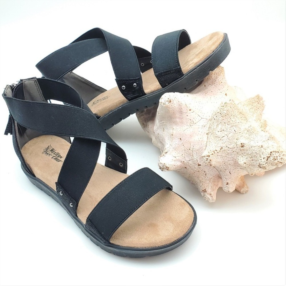 Women's Strappy Sandal Black Comfort Casual Zip Back Western Chief Lenna Size 8